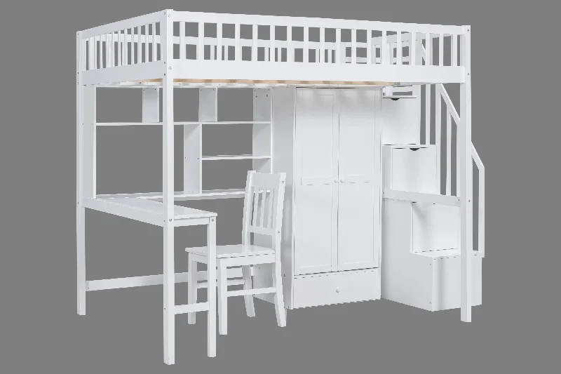 Full-Size Loft Bed with Built-in Desk, Bookshelf, Wardrobe, and Chair