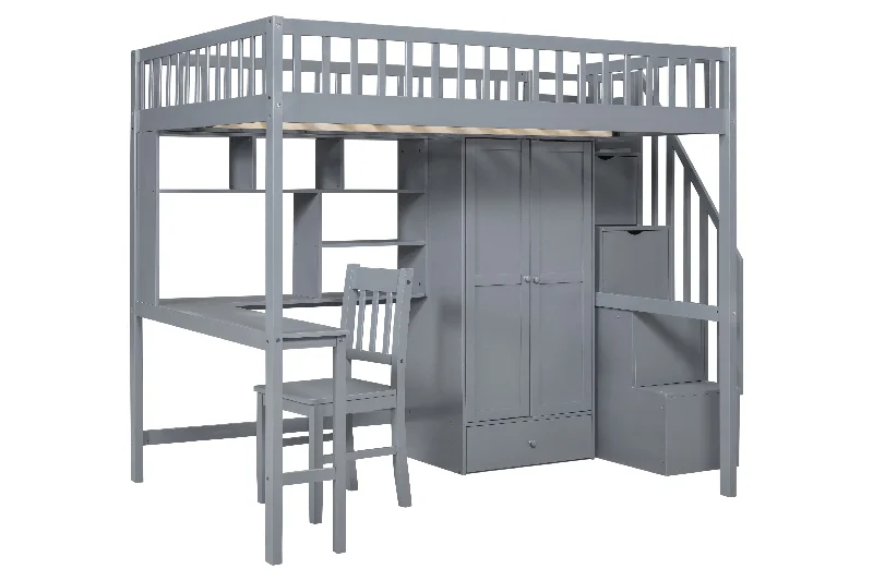 Full-Size Loft Bed with Built-in Desk, Bookshelf, Wardrobe, and Chair