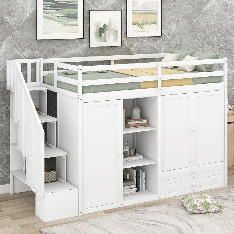 Functional Wooden Loft Bed with 3 Shelves, 2 Wardrobes and 2 Drawers